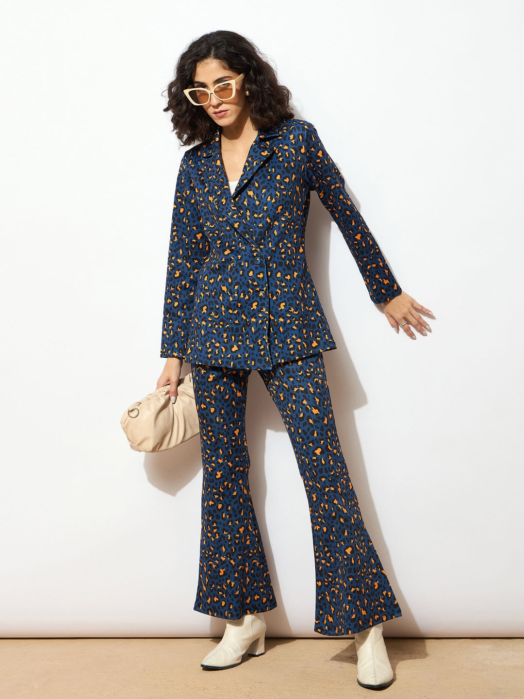 Women Navy Cheetah Scuba Bell Bottom Pants