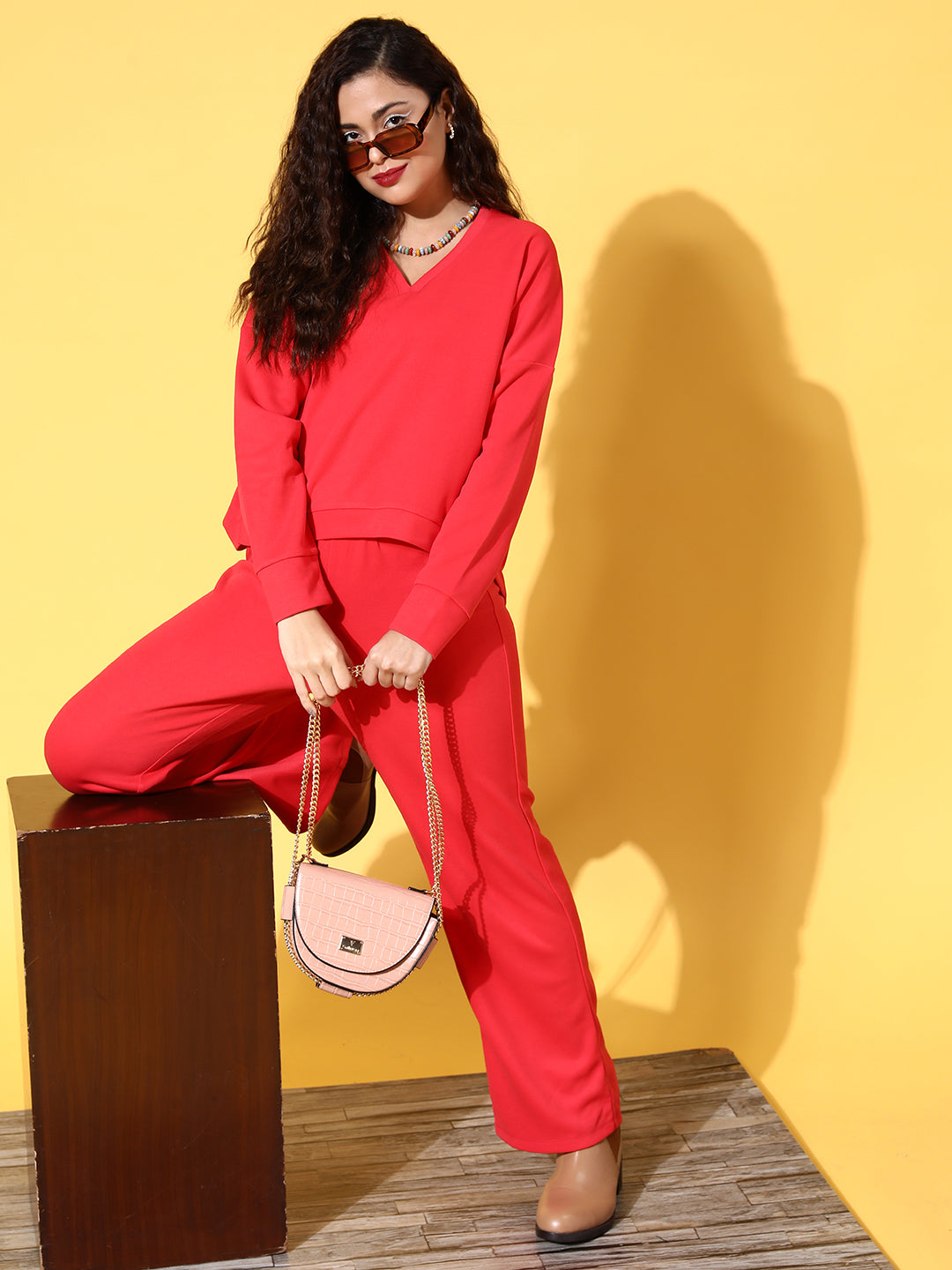 Red Rib Straight Track Pants