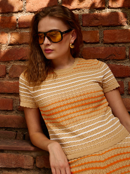 Dark Beige & Orange Crochet Stripes Scalloped Top With Pants