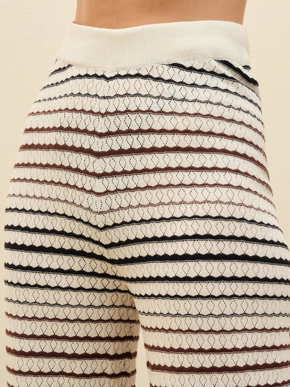 Off-White & Black Crochet Stripes Scalloped Top With Pants