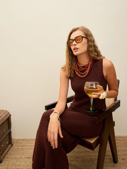 Women Brown Crochet Round Neck Top With Straight Skirt