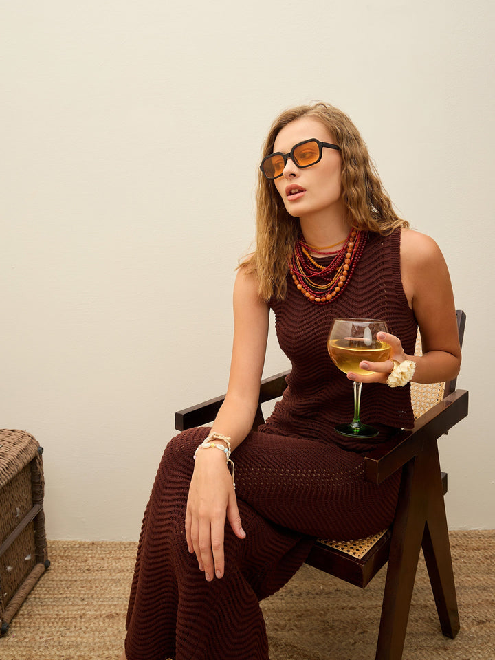 Women Brown Crochet Round Neck Top With Straight Skirt