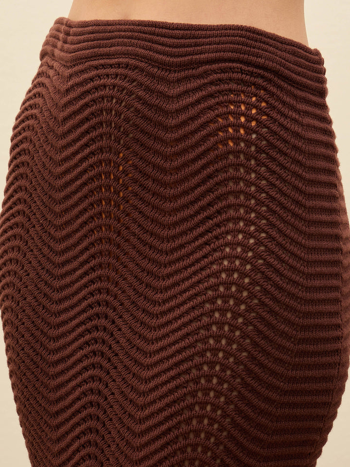 Women Brown Crochet Round Neck Top With Straight Skirt