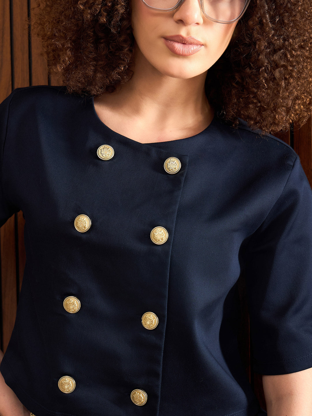 Women Navy Twill Double Breast Top With Short Skirt