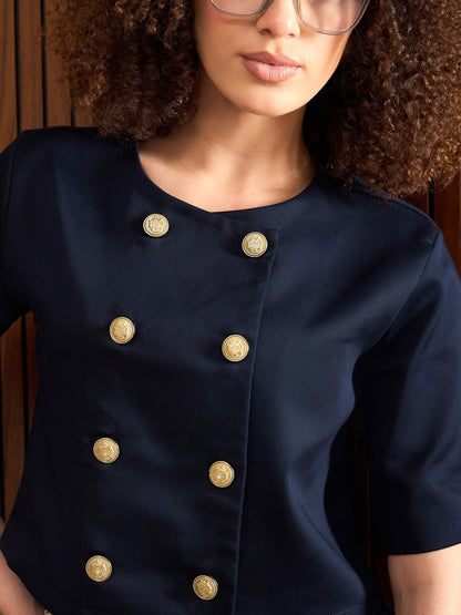 Women Navy Twill Double Breast Top With Short Skirt