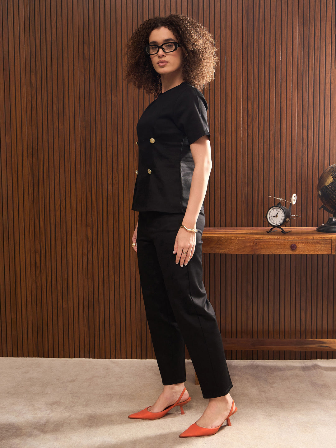 Women Black Button Down Darted Top with Pants