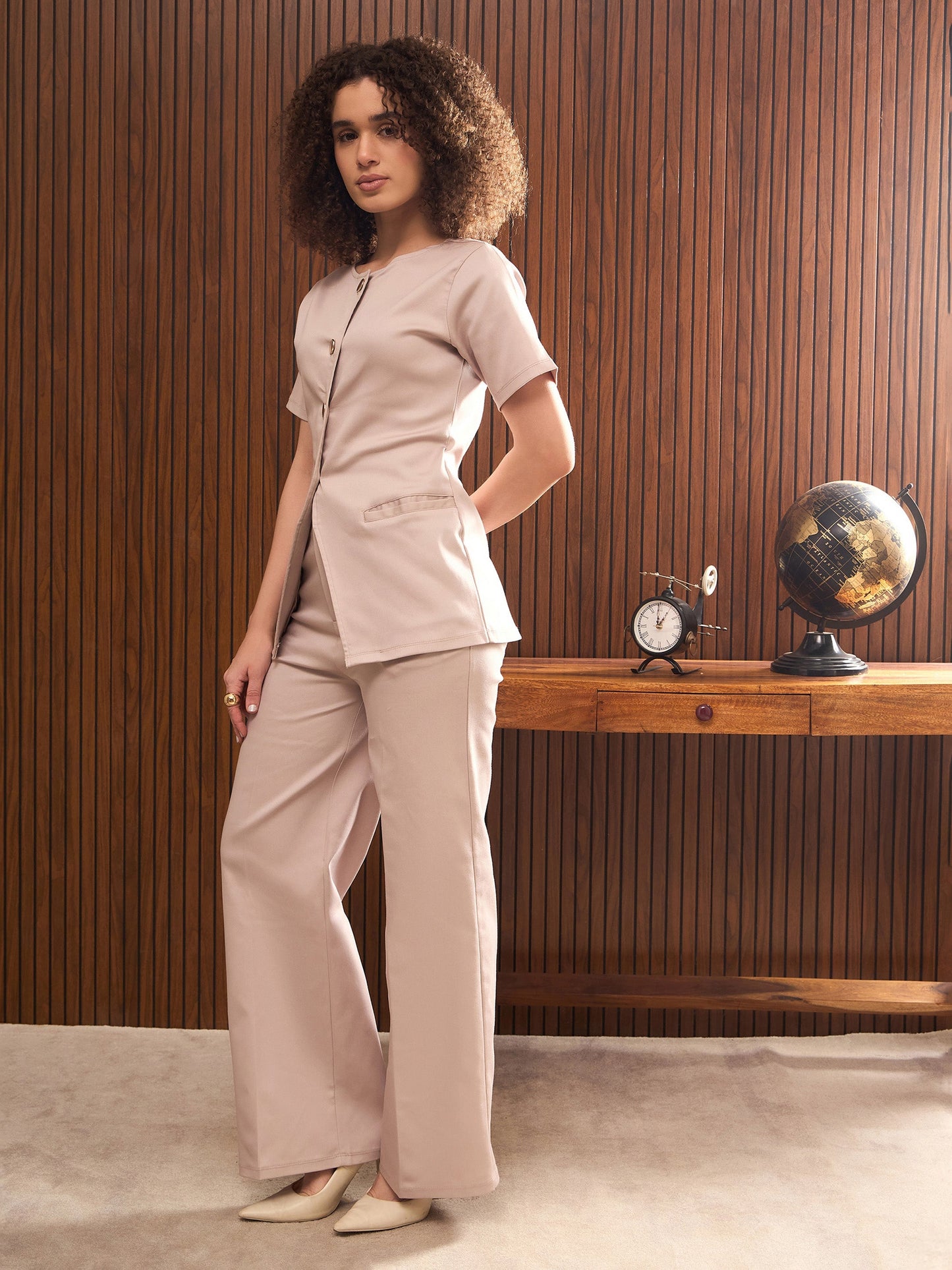 Taupe Button Down Top with Pants