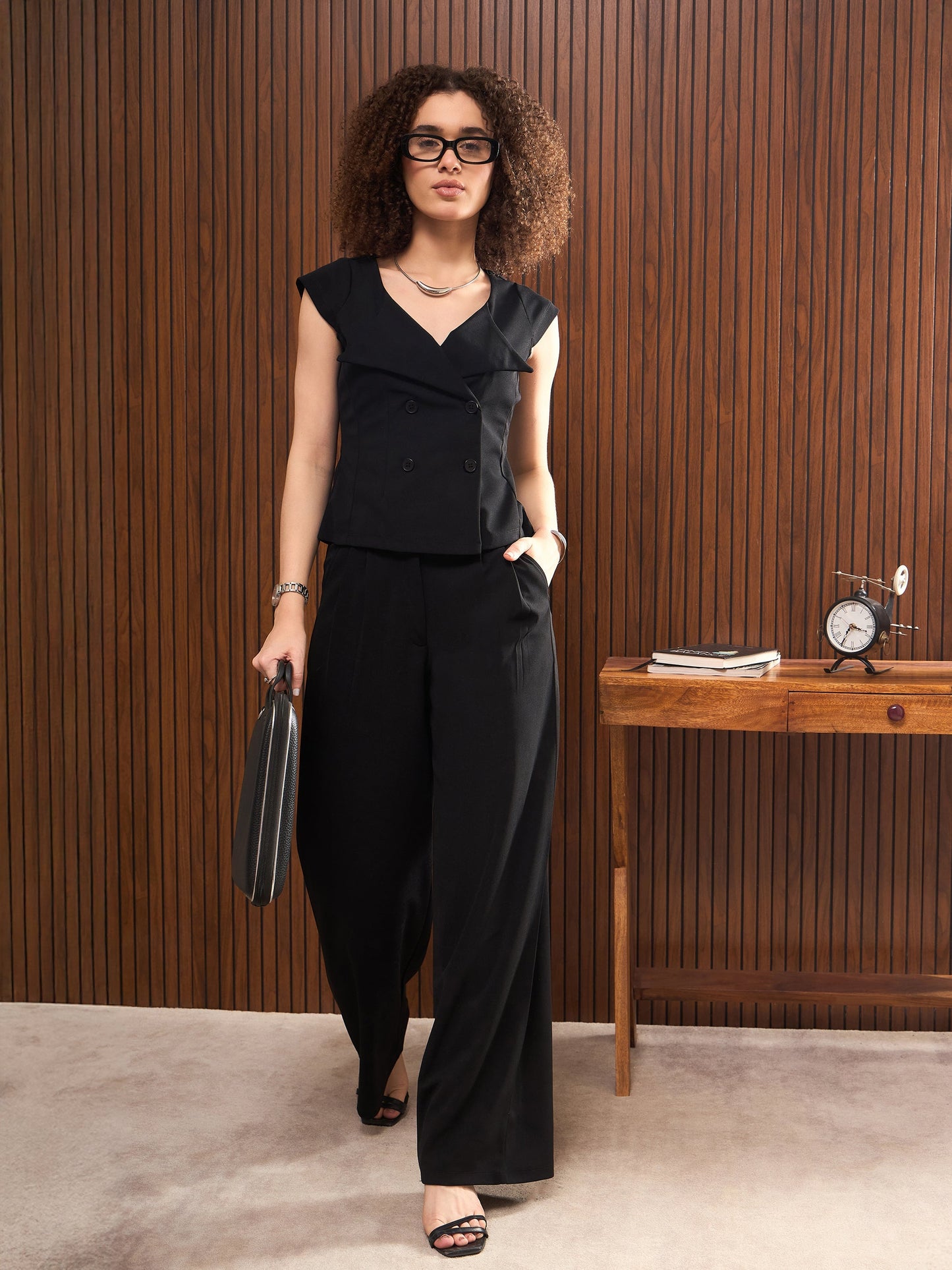 Black Button Down Notch Collar Top with Pants