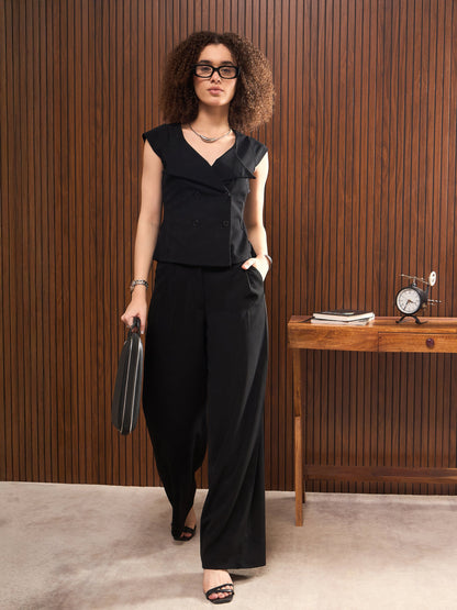 Black Button Down Notch Collar Top with Pants