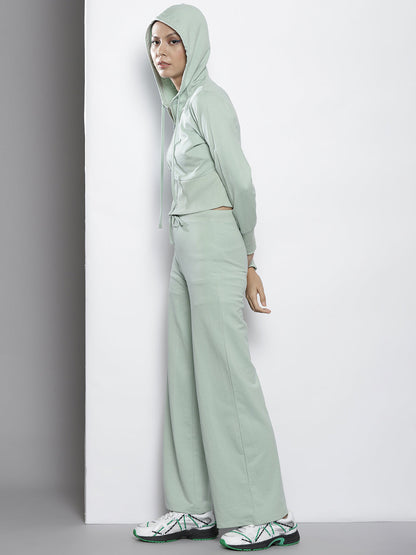 Women Sea Green Terry Hooded Jacket with Track Pants