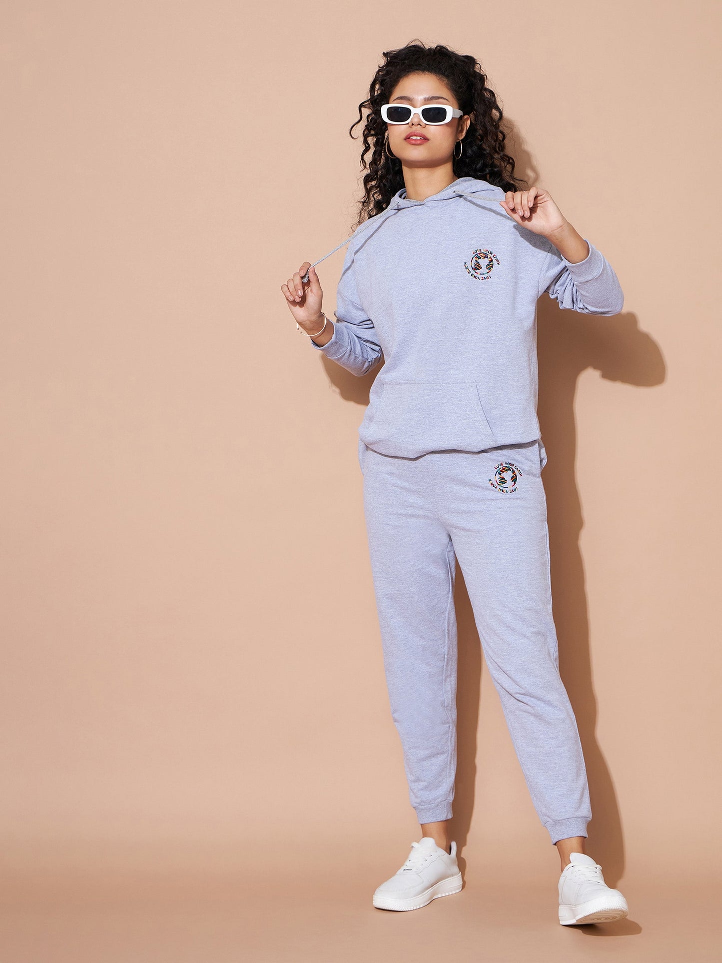 Grey Embroidered Oversized Hoodie With Track Pants
