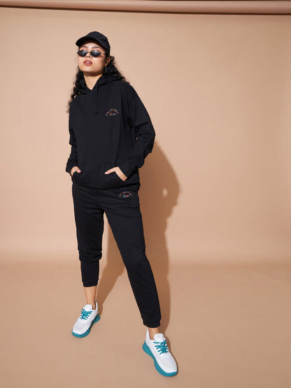 Black Embroidered Oversized Hoodie With Track Pants
