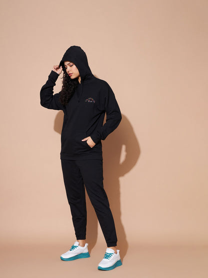 Black Embroidered Oversized Hoodie With Track Pants