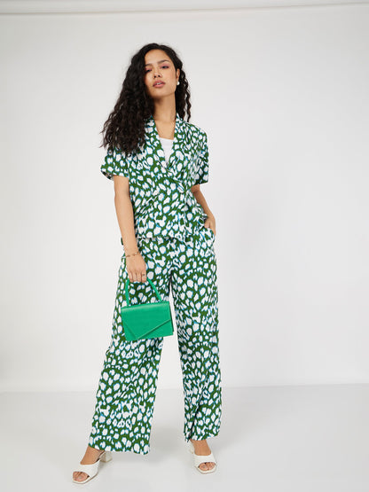 Green Abstract Shawl Collar Top With Pants