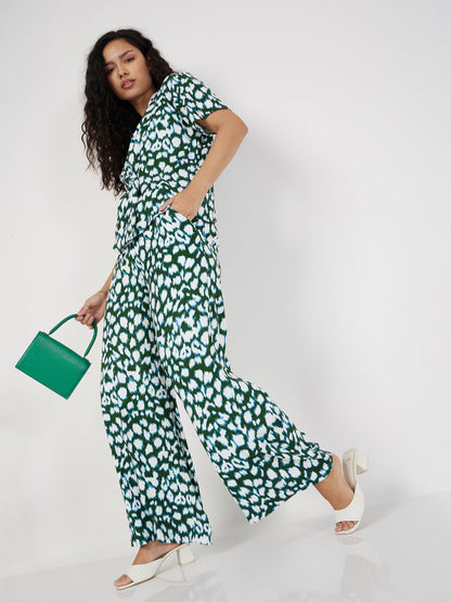 Green Abstract Shawl Collar Top With Pants
