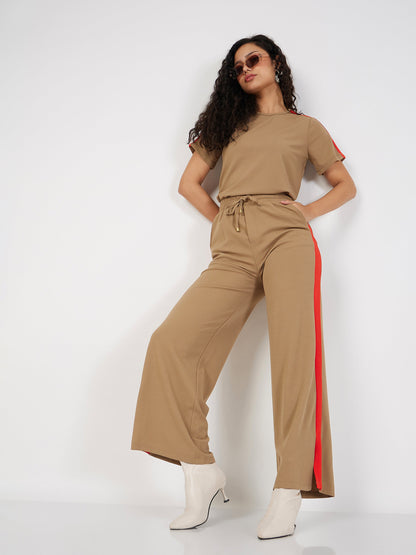 Beige Contrast Tape T-shirt With Track Pants