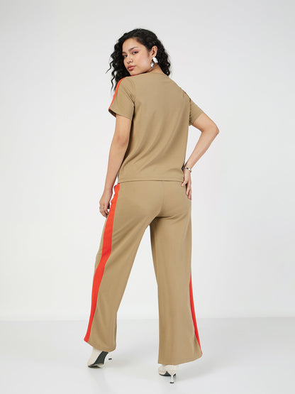 Beige Contrast Tape T-shirt With Track Pants