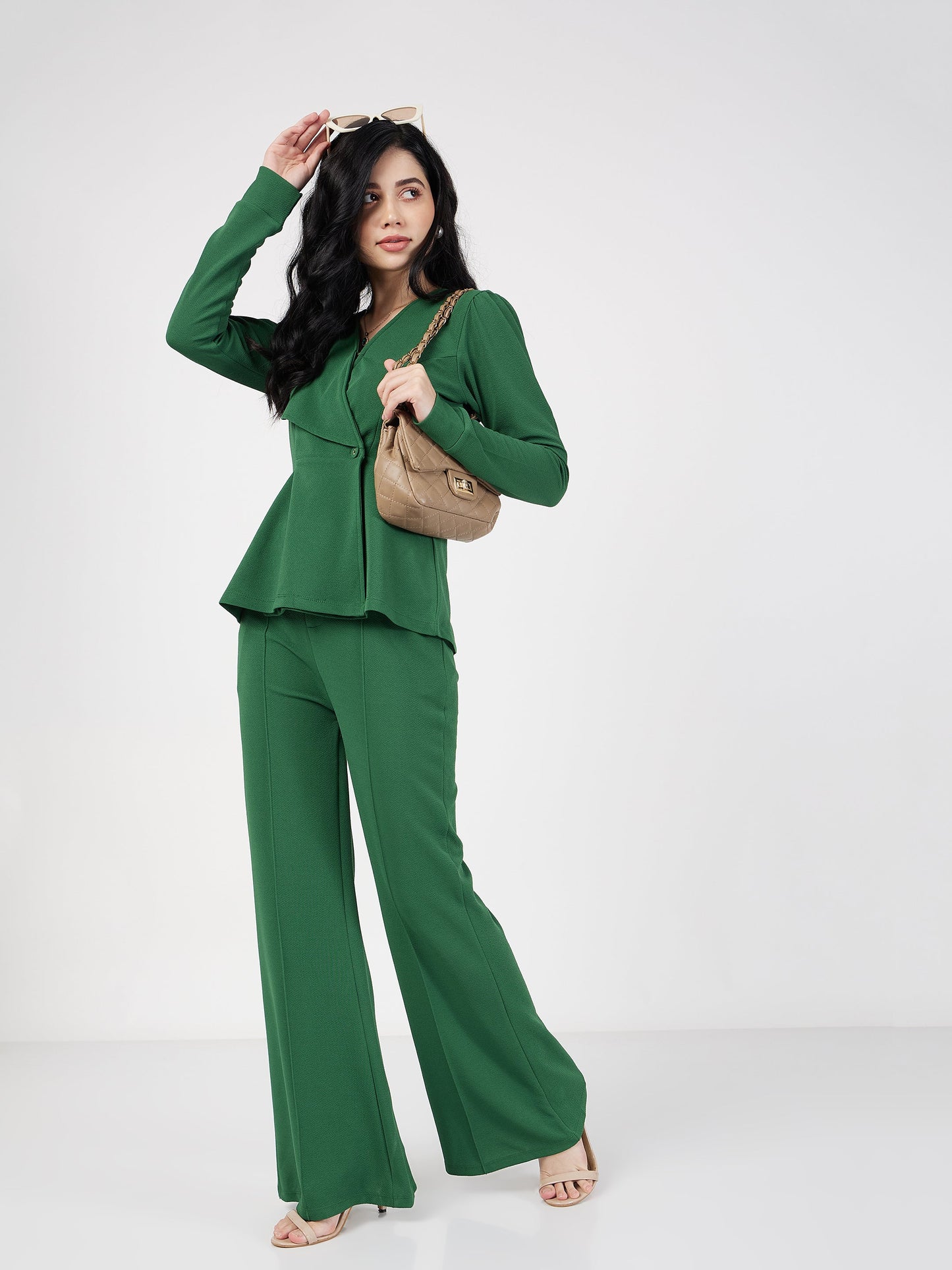Green Wrap Peplum Top With Bellbottom Pants