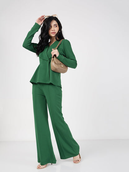 Green Wrap Peplum Top With Bellbottom Pants