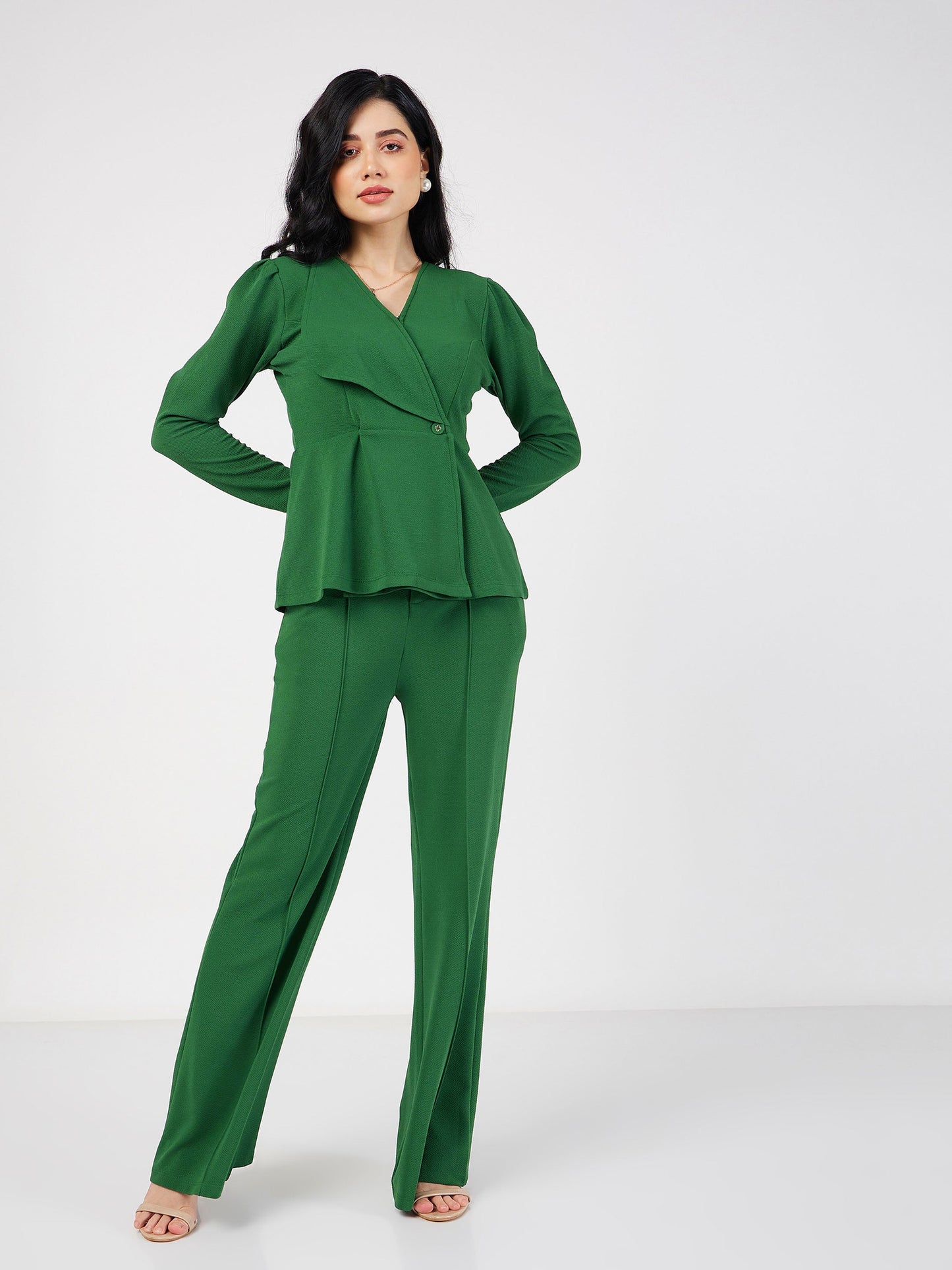 Green Wrap Peplum Top With Bellbottom Pants