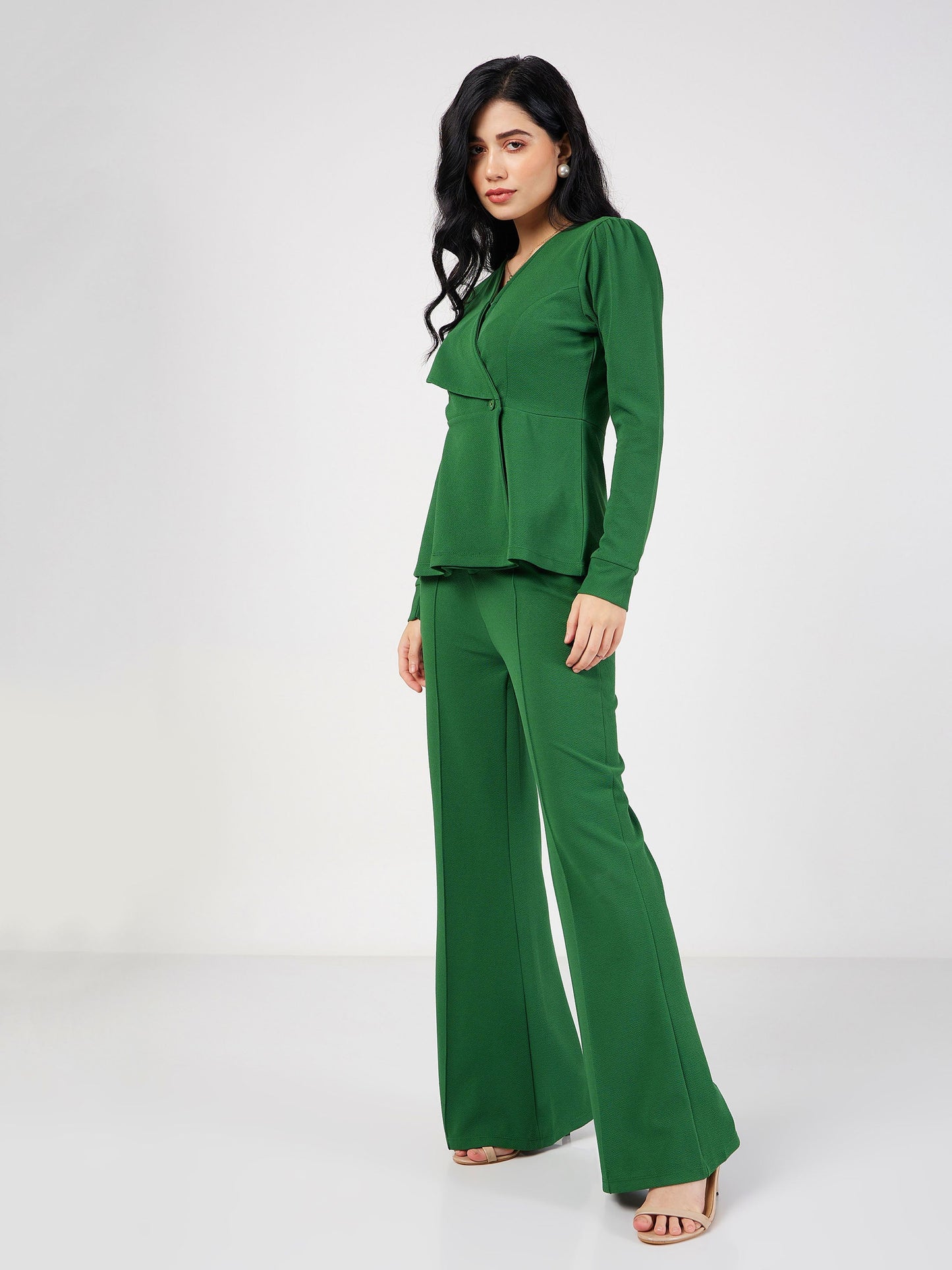 Green Wrap Peplum Top With Bellbottom Pants