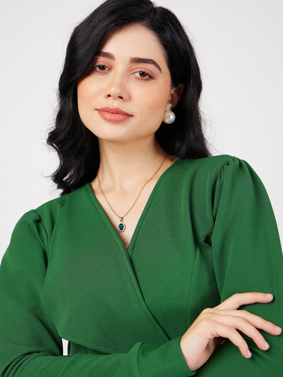 Green Wrap Peplum Top With Bellbottom Pants