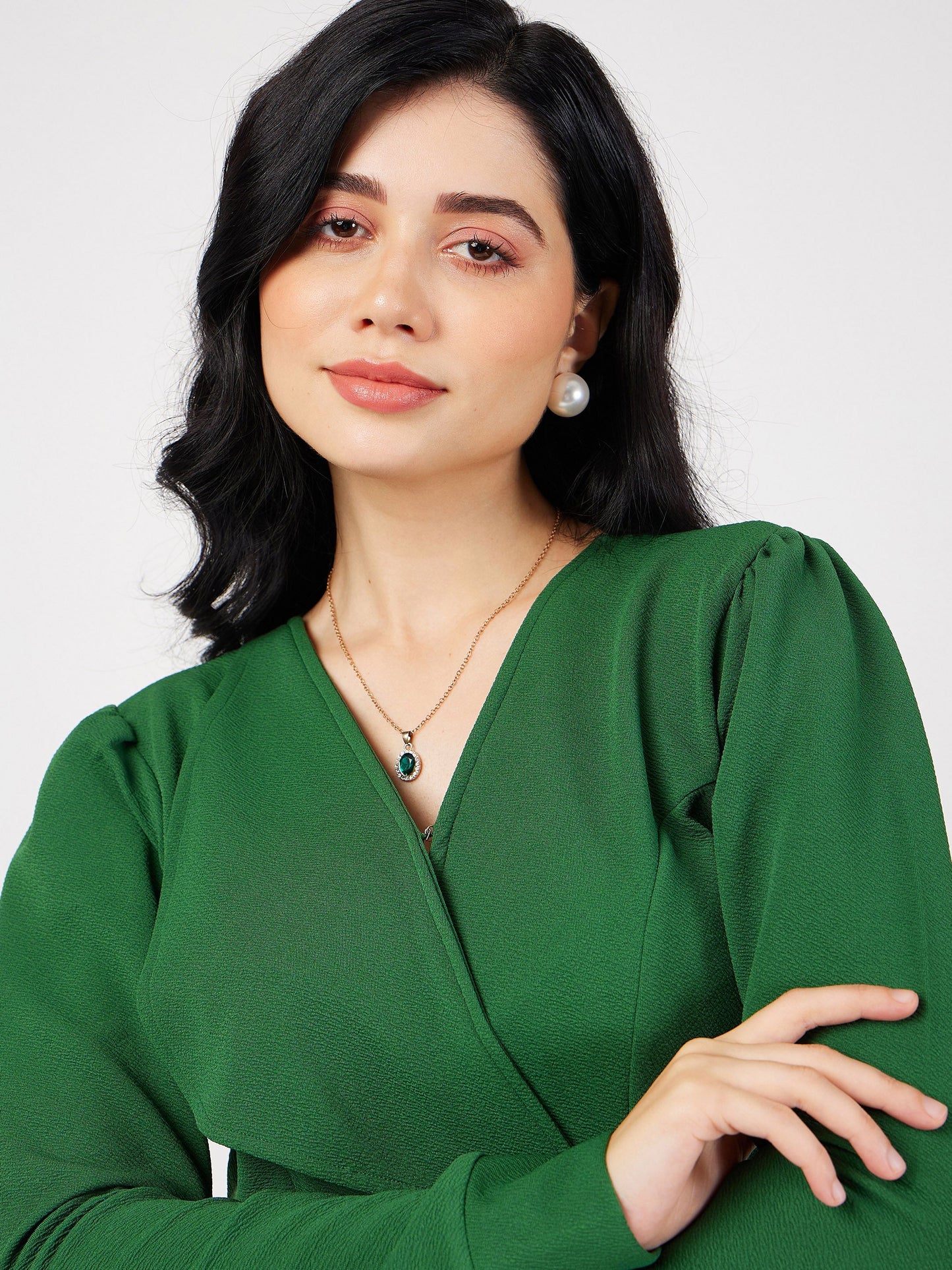 Green Wrap Peplum Top With Bellbottom Pants