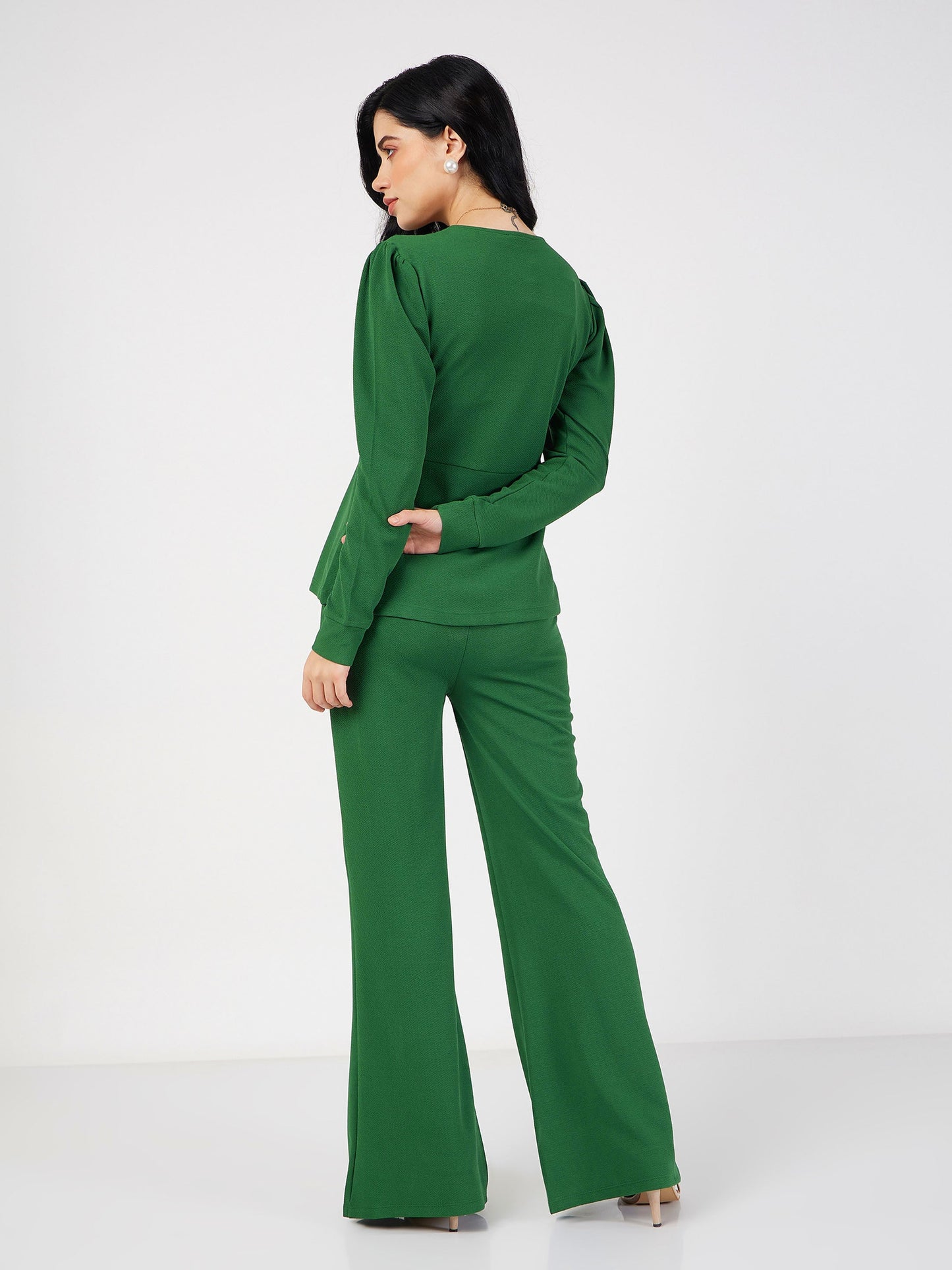 Green Wrap Peplum Top With Bellbottom Pants