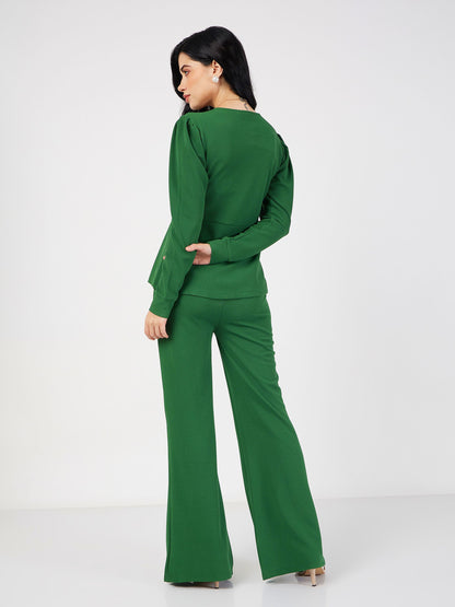 Green Wrap Peplum Top With Bellbottom Pants