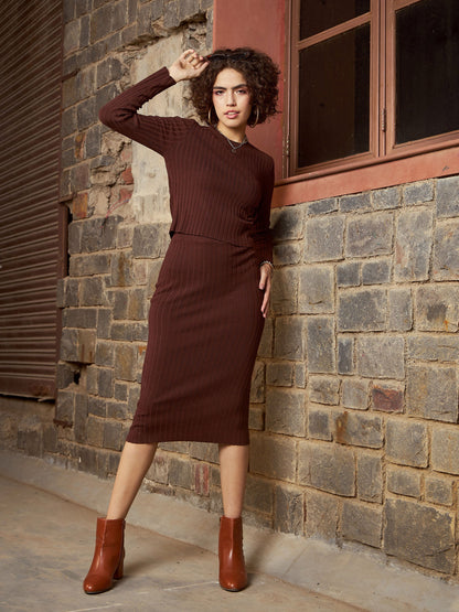 Brown Rib Sweater With Pencil Skirt