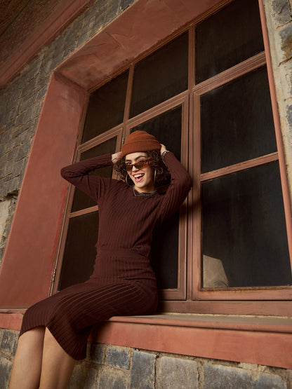 Brown Rib Sweater With Pencil Skirt