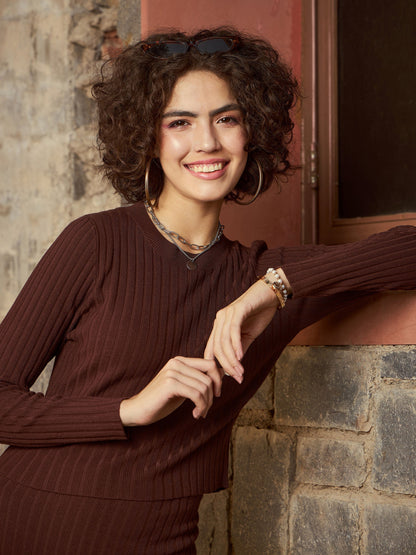 Brown Rib Sweater With Pencil Skirt