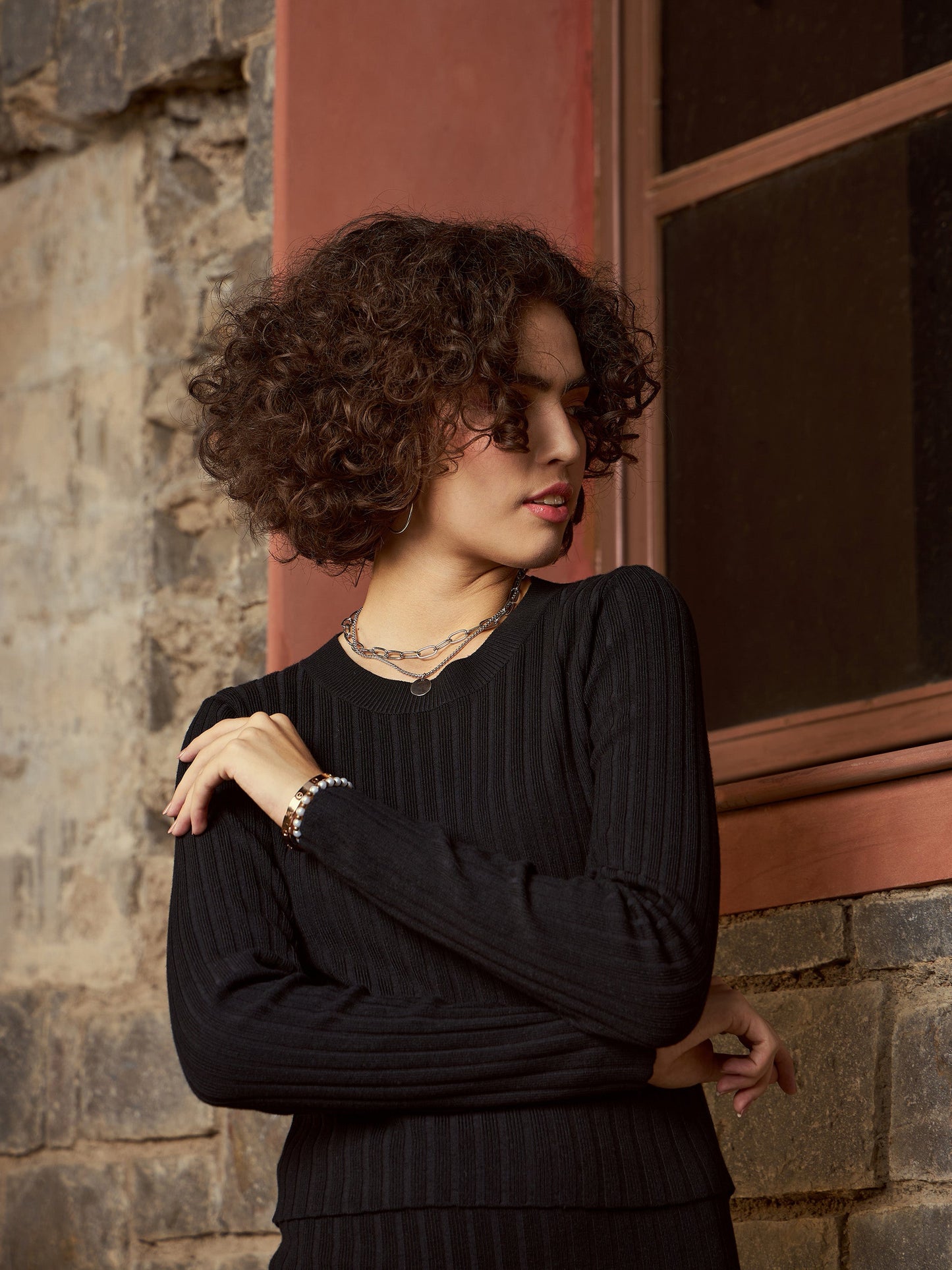 Black Rib Sweater With Pencil Skirt