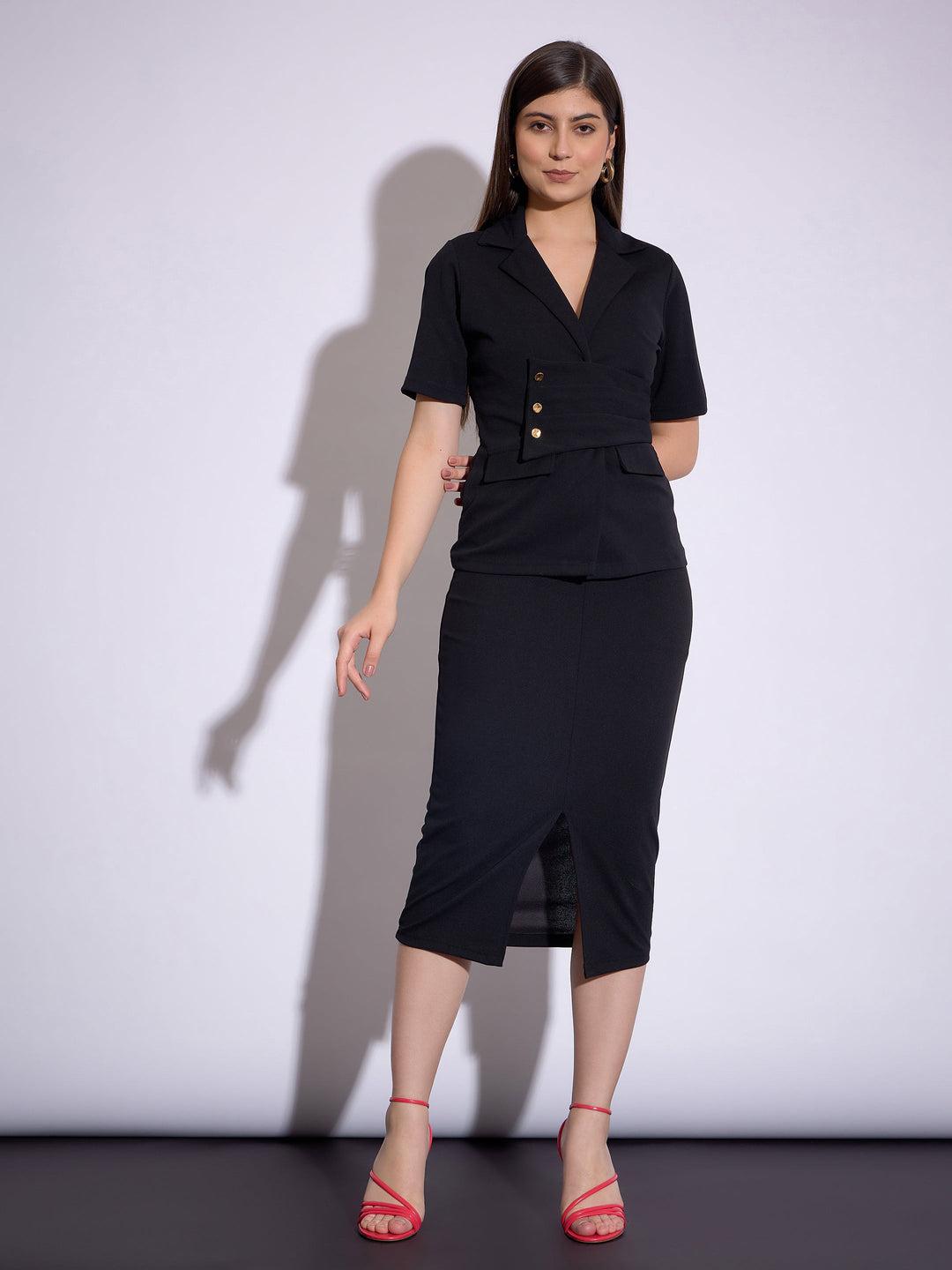 Black Notch Collar Top With Midi Skirt