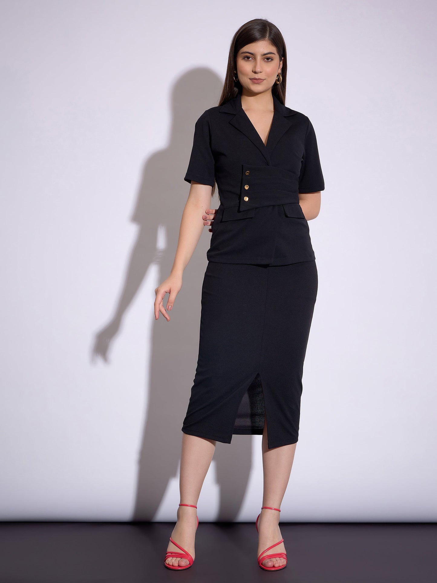 Black Notch Collar Top With Midi Skirt