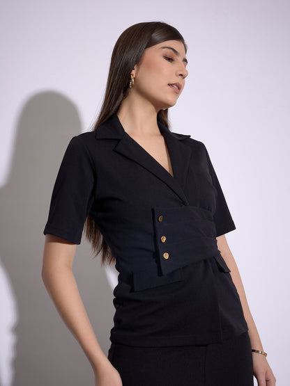 Black Notch Collar Top With Midi Skirt
