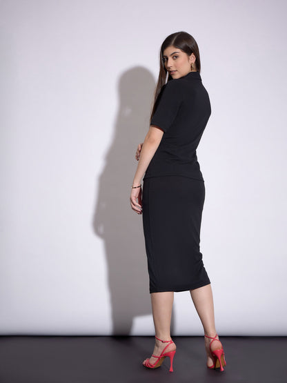 Black Notch Collar Top With Midi Skirt
