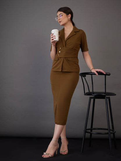 Brown Notch Collar Top With Midi Skirt