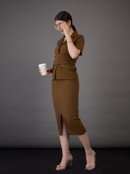 Brown Notch Collar Top With Midi Skirt