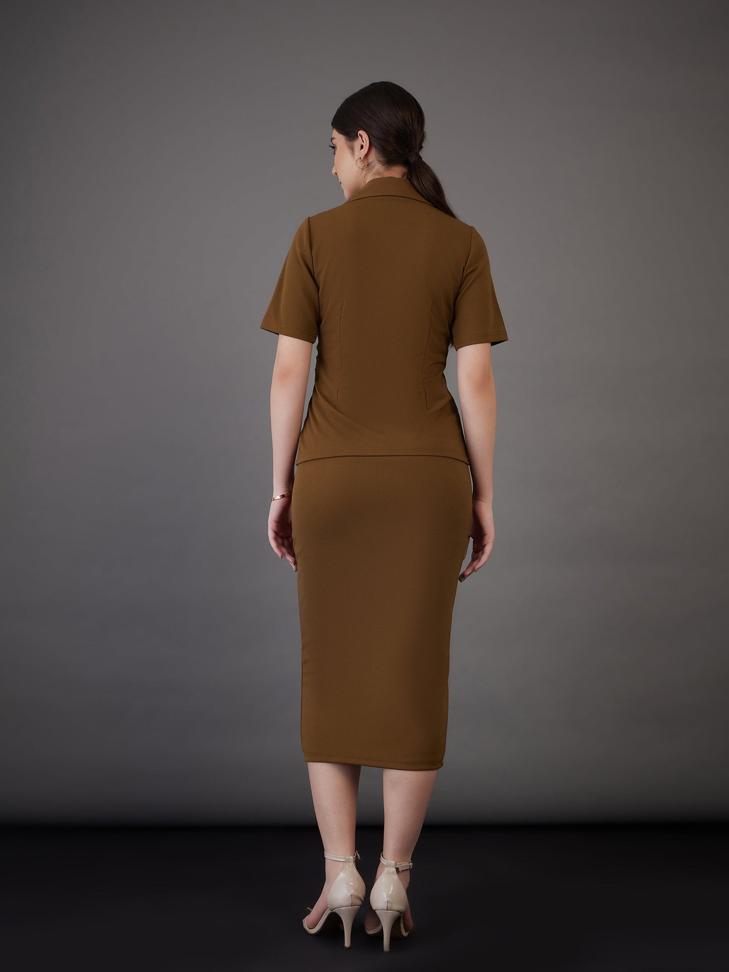 Brown Notch Collar Top With Midi Skirt