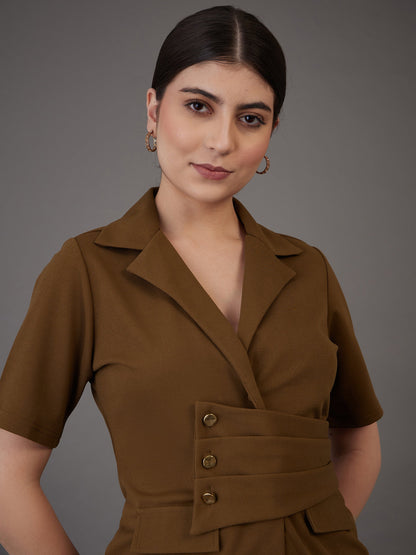 Brown Notch Collar Top With Midi Skirt
