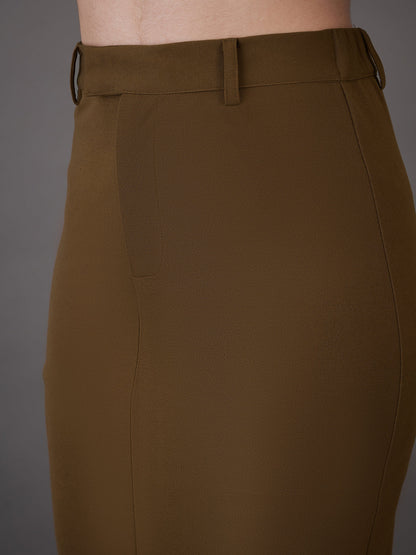 Brown Notch Collar Top With Midi Skirt