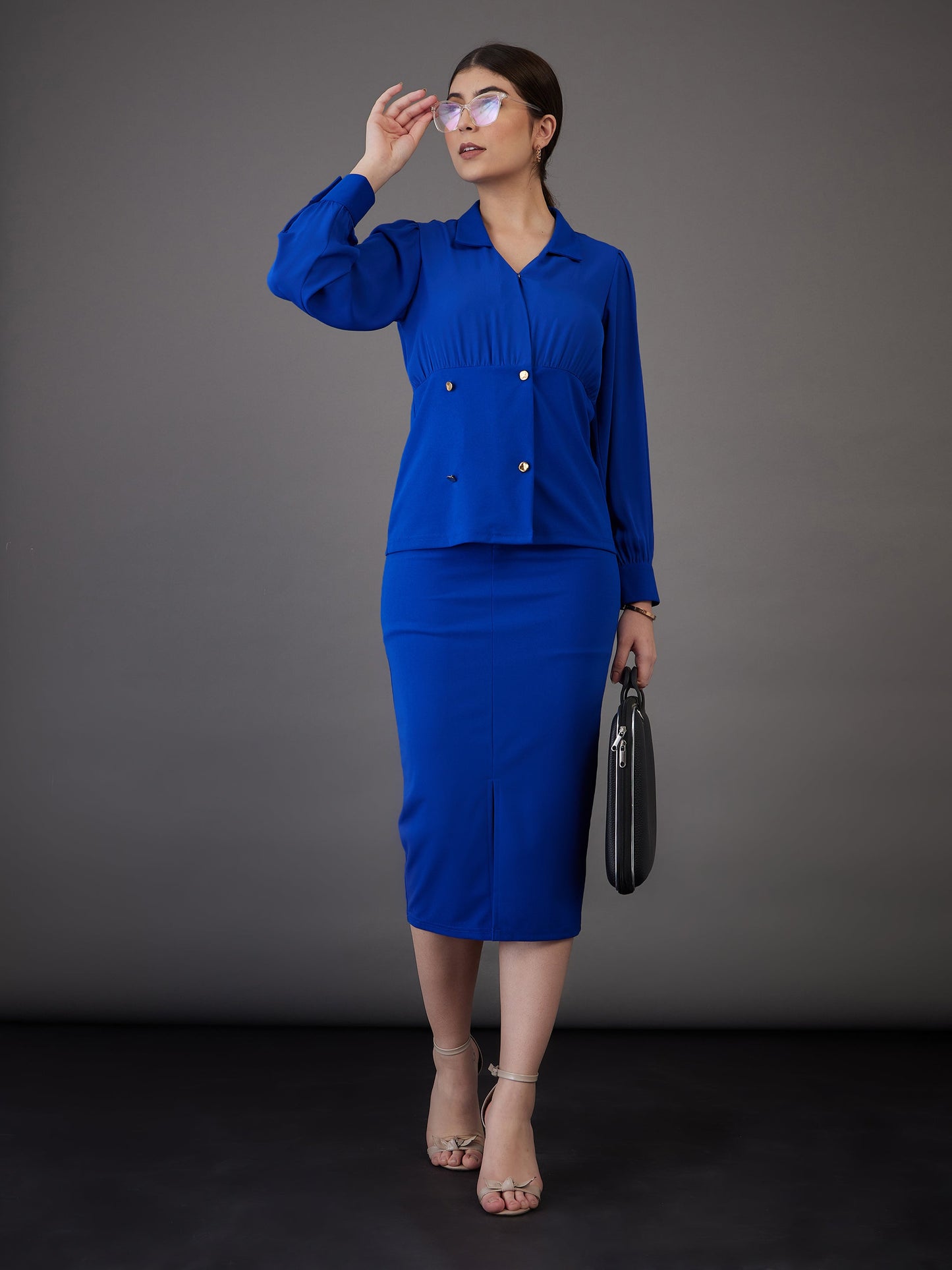 Royal Blue Peplum Collar Top With Midi Skirt