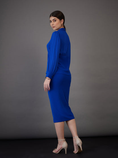 Royal Blue Peplum Collar Top With Midi Skirt