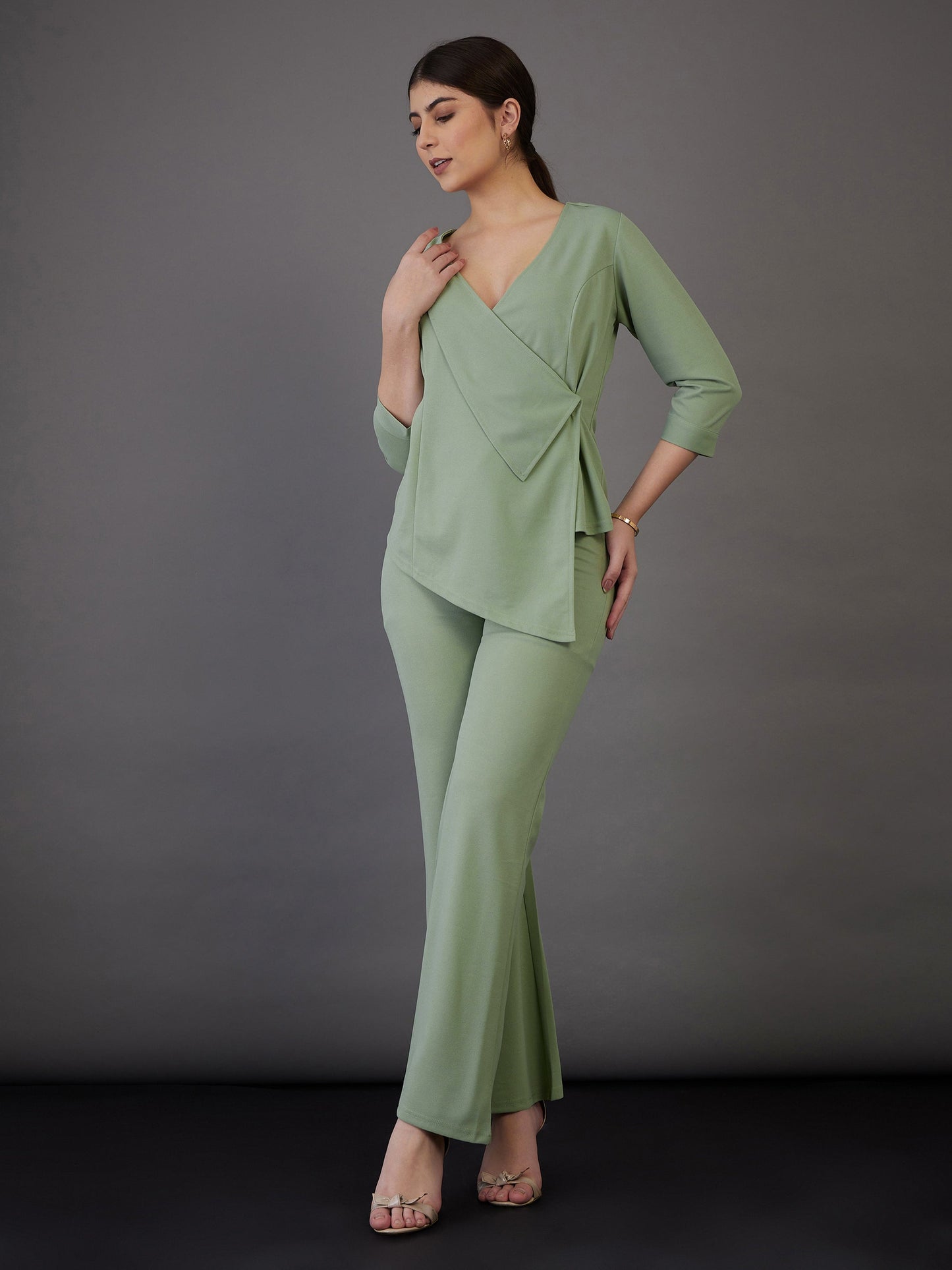 Green Wrap Asymmetric Top With Bell Bottom Pants
