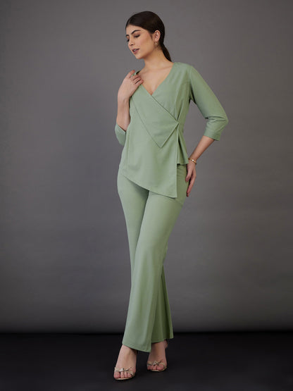 Green Wrap Asymmetric Top With Bell Bottom Pants