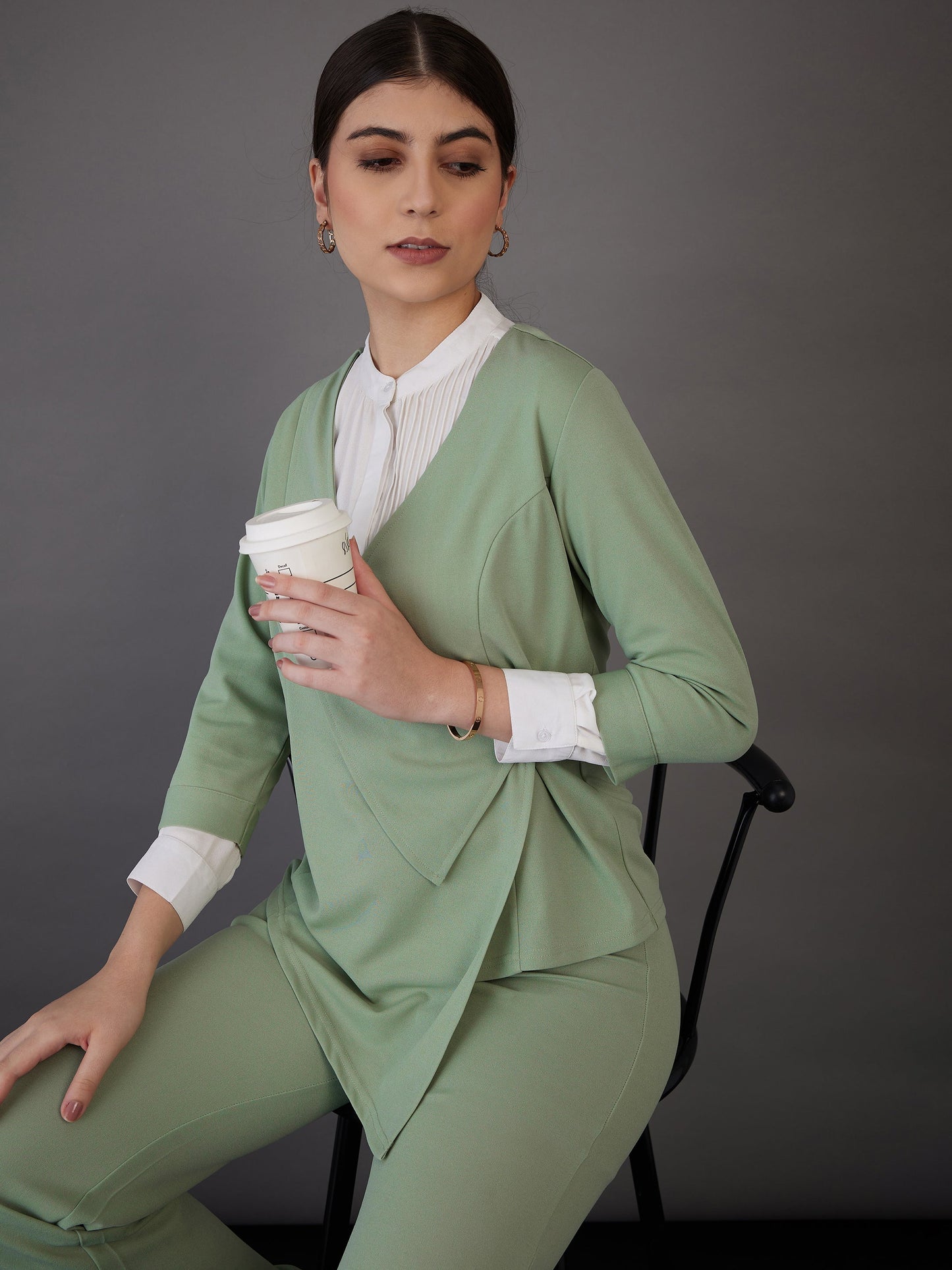 Green Wrap Asymmetric Top With Bell Bottom Pants