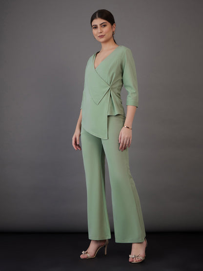 Green Wrap Asymmetric Top With Bell Bottom Pants