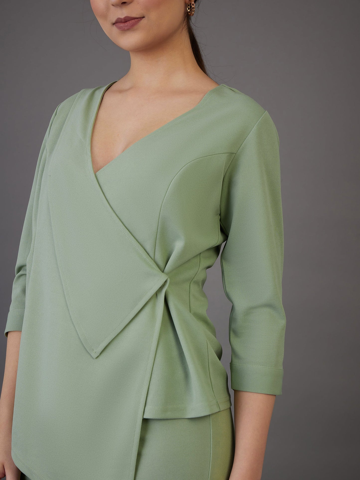 Green Wrap Asymmetric Top With Bell Bottom Pants