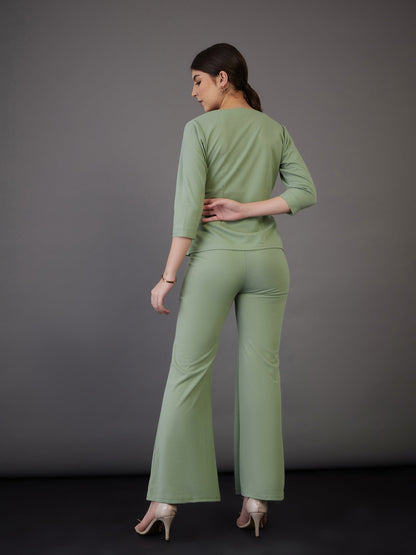 Green Wrap Asymmetric Top With Bell Bottom Pants